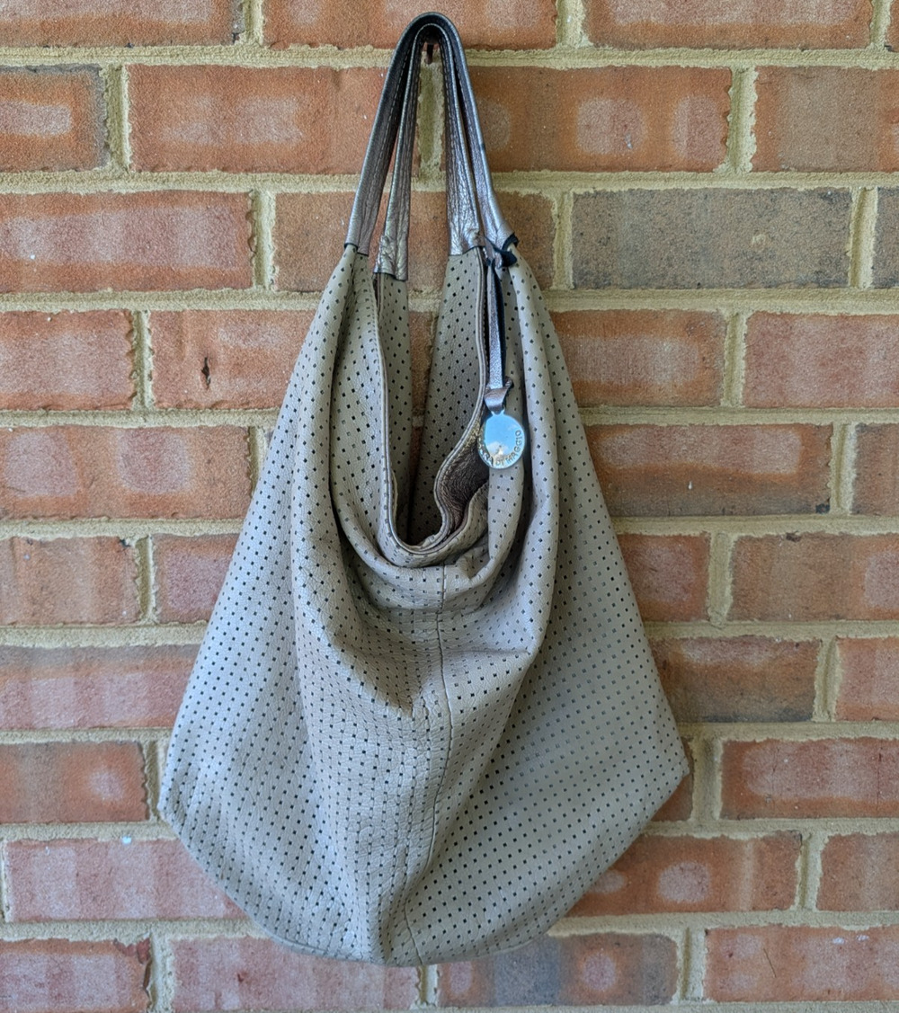 Laura di Maggio Perforated Taupe Tan Brown Pewter Slouchy Hobo Handbag Italy